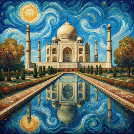 The Taj Mahal reimagined as a painting in the style of Vincent van Gogh. The iconic structure is depicted with bold, textured brushstrokes that bring a dynamic energy to its serene beauty. The white marble domes and minarets are rendered with soft swirls and layered strokes of cream, gray, and subtle blues, giving them depth and movement.
The surrounding gardens and reflecting pool are alive with expressive strokes of greens and blues, while the sky above is a dramatic swirl of Van Gogh's signature yellows, golds, and deep blues, creating a vibrant, starry backdrop. The painting captures the ethereal elegance of the Taj Mahal, blending its timeless architecture with the emotive, flowing artistry of Van Gogh, resulting in a dreamlike and evocative composition, oil painting, mad-vangoghian