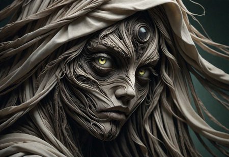 Super Closeup Portrait, Create a DARK dystopian description capturing the essence of an indian cyborg woman in a close-up photograph, featuring real human DARK green-gray eyes with an intense gaze. The subject has long flowing hair, draped in a ghostly white star wars linen cloak billowing in the wind. The face is a striking fusion of half-cyborg with intricately crafted black saphir elements, cables, wires and half-human skin, creating a mesmerizing and enigmatic presence. standing at the ocean in bright sunlight, ethereal, sunray, 
very detailed, atmospheric haze, Film grain, cinematic film still, shallow depth of field, highly detailed, high budget, cinemascope, moody, epic, OverallDetail, gorgeous, 2000s vintage RAW photo, photorealistic, candid camera, color graded cinematic, eye catchlights, atmospheric lighting, skin pores, imperfections, natural, shallow dof