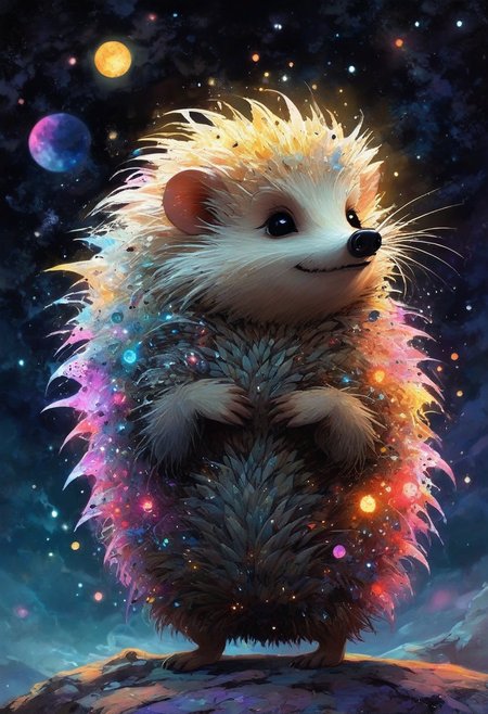 CreepyCuteMagical,   A fluffy, glowing hedgehog with spikes that resemble miniature galaxies. The creature emits a faint, silvery light as it sniffs at a patch of glowing, alien flowers in a vivid dreamscape. The sky above is filled with two moons and a scattering of glittering meteors. The style is inspired by a mix of Studio Ghibli whimsy and cosmic fantasy.