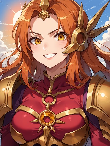 score_9, score_8_up, score_7_up,source_anime,BREAK,
Leona_League_of_legends, portrait, smile, sun, yellow eyes, armor, red shirt, close-up, golden armor, 
<lora:Leona_League_of_legends:1>