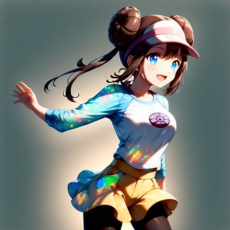 1girl, solo, ral-opal, double exposure, rosa pokemon, brown hair, blue eyes, long hair, hair bun, double bun, twintails, bangs, sidelocks, visor cap, white shirt, light blue raglan sleeves, long sleeves, sleeves past elbows, yellow shorts, black pantyhose, pink socks, white sneakers, smile, open mouth,