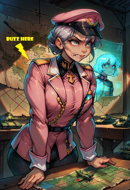 masterpiece, best quality, absurdres, rrhapsody, BREAK,
1girl, mature woman, grey_hair, wrinkled skin, stern face, standing over map table, 
military officer cap, (pink military gala uniform:1.2), epaulettes, badges, medals,
tank miniatures, soldier miniatures, airplane miniatures, war room, map hologram,
from front,