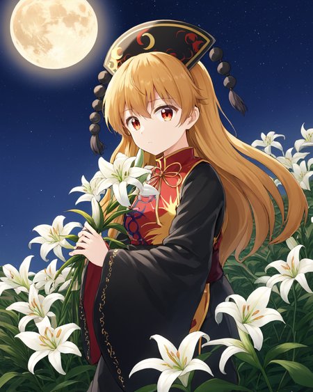 junko \(touhou\),1girl, solo, tabard, looking_at_viewer, long_sleeves, black_dress, holding_flower, wide_sleeves, white_flower, chinese_clothes, hat, dated, lily_\(flower\), full_moon, night, closed_mouth, black_headwear, yellow_ribbon
<lora:junko_(touhou)_image6079_2023-12-20-000007:1>,star-shaped_pupils,symbol-shaped_pupils,. gorgeous,key visual, vibrant, studio anime,award-winning, professional, highly detailed,high budget, cinemascope