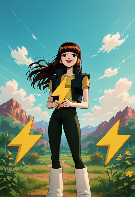score_9, score_8_up, score_7_up, julie, 1girl, bangs, solo, blunt bangs, shirt, vest, lipstick, yellow shirt, black eyes, long hair, brown hair, black hair, smile, pants, boots,
yellow buzz, (holding yellow buzz:1.4), holding buzz with both hands,