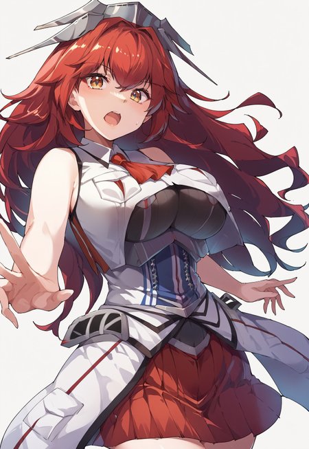 safe_pos, score_9, score_8, score_7, source_anime, phoenix (kancolle), sleeveless shirt, open mouth, large breasts, headgear, ascot, white jacket, sleeveless jacket, breast pocket, pleated skirt