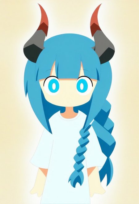 flat 2d anime style, Drestoria Style, big eyes,,long hair,braided ponytail,blunt bangs, wearing oversized shirt, horns