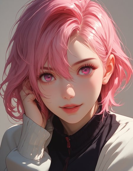 zPDXLxxx, Expressiveh, 

shiratori aira, pink hair, short hair, pink eyes, solo, open mouth, 1girl, hair between eyes, looking at viewer, long sleeves, jacket, school uniform,

small breasts, natural sagging breasts,

score_9, score_8_up, score_7_up,score_6_up,

highres, high quality, perfection, masterpiece, detailed, source_anime, simple white background, 1girl, solo, front view portrait, face focus, intricate features, beautiful girl, young adult, youthful, petite body, detailed face, beautiful face, innocent face, eyelashes, perfect eyes, detailed eyes, medium breasts, clothed, standing, smiling, looking at viewer,