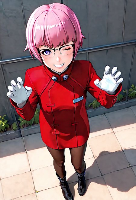 <lora:sdxl_lightning_8step_lora:1> <lora:Fixhands_anime_bdsqlsz_V1:1>score_9, score_8_up, score_7_up, source_anime, intricate details, perfect anatomy BREAK
1girl, solo, gis-esakipurin, pink hair, short hair, purple eyes, black-framed eyewear, red coat, white gloves, gis-esakipurin outfit, brown pantyhose, black boots,
from above, claw pose, Naughty, A mischievous grin, a wink, and a playful attitude., outdoors, 
<lora:gis-esakipurin_XL(pony)fix:0.9>
