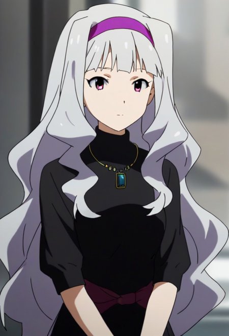 source_anime, uncensored, nsfw, <lora:Takane_Shijou_The_iDOLMSTER_2011_anime_art_style:.8>1girl, solo, grey hair, long hair, purple eyes, breasts, Takane black dress with green brooch outfit , purple hairband, jewelry, necklace, pendant, dress,