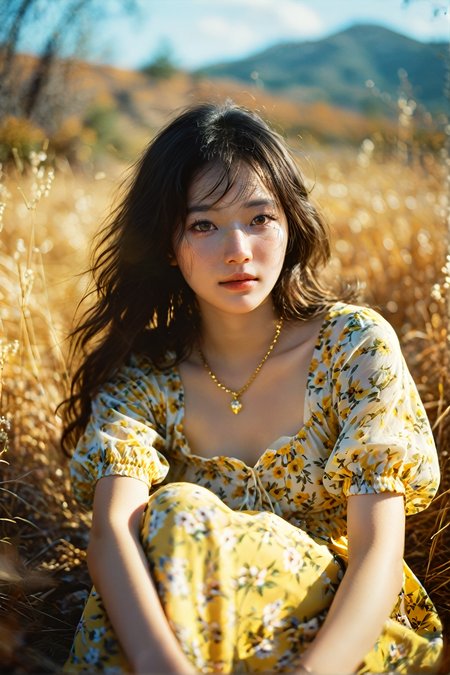 STYLE(A1111), cinematic film still A 19 year old girl sitting in tall, dead yellow grass in an autumn wilderness, wearing a short-sleeved floral dress-length muumuu, long, fluffy hair falling down her chest, cute Korean face, (blissful, carefree, enticing:1.3), (beautiful eyes), perfect face, cleavage, necklace, blurred low, dead yellow hills in the distance, sky, foreground blur: 1.3), depth of field . shallow depth of field, vignette, highly detailed, high budget, bokeh, cinemascope, moody, epic, gorgeous, film grain, grainy, [<lora:Toy_Camera:0.8>film, bokeh, professional, blur, lomo::0.3,1]