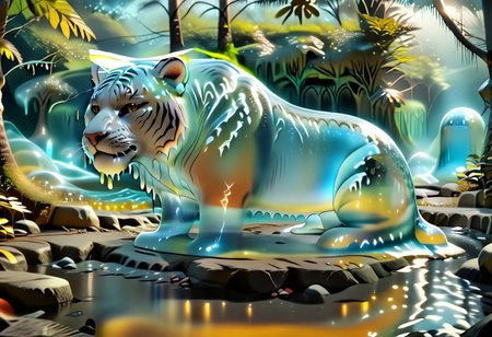 animal_guardian, tiger, a white tiger with black stripes, Tiger made out of slime, slime tiger in a jungle, jungle made out of slime, 
natural light, no bright spots, 
((translucent slime)), ((transparent slime)), made of water, (bioluminescent slime), sl1m3, slime, slime-morph, ais-blmn, saturated colors, no creatures, no humans, no monsters, no pokemon, scenery only, scenery, ral-lava, watce