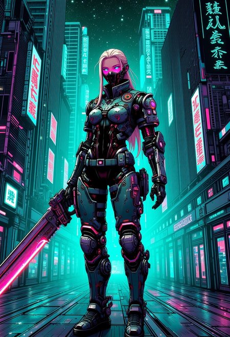 mad-cbrpnksplshrt full of details but with faded outlines, ultraviolet braided hair cyborg girl soldier in combat armor with one robotic arm and one robotic leg holding a chainsword with glowing energy panels, and in the background new york city disintegrating into the matrix behind, best quality, sharp image,