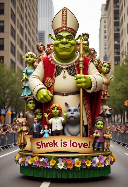 Realistic photograph capturing a vibrant, detailed Shrek dressed as the pope, themed parade float including banner with text "Shrek is love! Shrek is Life"