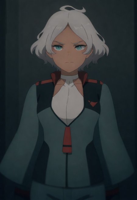 masterpiece, best quality, amazing quality,,, shiny skin,,,,,,,mm,mature female,dark skin,dark-skinned female,grey hair,short hair,green eyes,asticassia school uniform,school uniform,green jacket,white shirt,<lora:Secelia_Dote-Mobile_Suit_Gundam_the_Witch_from_Mercury:0.8>