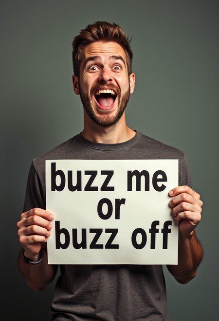 funny  looking laughing  man holding a sign it say "buzz me or buzz off"