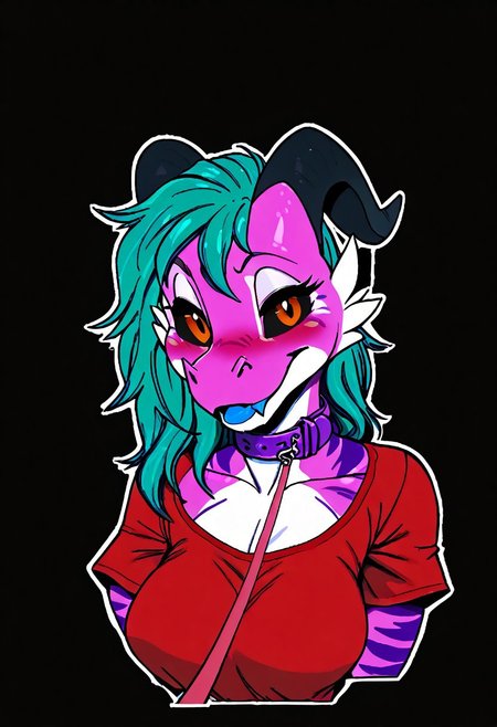 a furry sticker of, white outline:1.4, simple background, by incase, score_9, score_8_up, score_7_up, score_6_up, score_5_up, best quality, highly detailed, intricate details, extremely detailed, masterpiece, 4k, fine details, subtle soft details, futanari, ((Kobold)), ((pink scales:1.4)), split complimentary color scheme, ((purple stripes)), ((black sclera)), ((glowing orange eyes, orange iris, black pupils, split pupils)), (long eastern dragon tail), ((brown ram horns)), ((long teal hair:1.4)), ((purple slave collar)), ((black lipstick)), black eyeliner, plump, cute, medium breasts, cleavage, curvy, red long gloves, large iris, smiling, 1girl, solo, solid bright green background, looking at viewer, (bust shot), red tshirt, red t-shirt, side view, eyes partially closed, deep blush, embarrassed, light blue tongue, half closed eyes, emote, viewer on leash, l3ashed, leash pull
