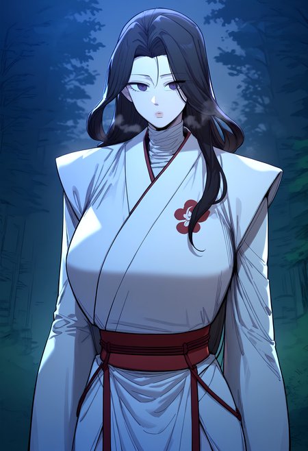 score_9, score_8_up, score_7_up, score_6_up, source_anime, rating_explicit, <lora:neg4all_bdsqlsz_V3.5:2.0>1girl, (solo:1.1), huge breasts, <lora:YuiSeolponyxl:1> long hair, black hair, purple eyes, japanese clothes, white kimono, turtleneck, long sleeves, long skirt, expressionless, Narrow shoulders, heavy breathing, steaming body, night, forest, outdoors, looking at viewer