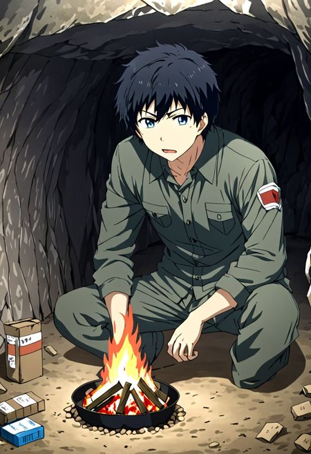 high resolution, solo, best quality, 1Boy, Arata Kaizaki, Black Hair, Blue Eyes, cave, bunker, field Ration, bonfire, OverallDetail