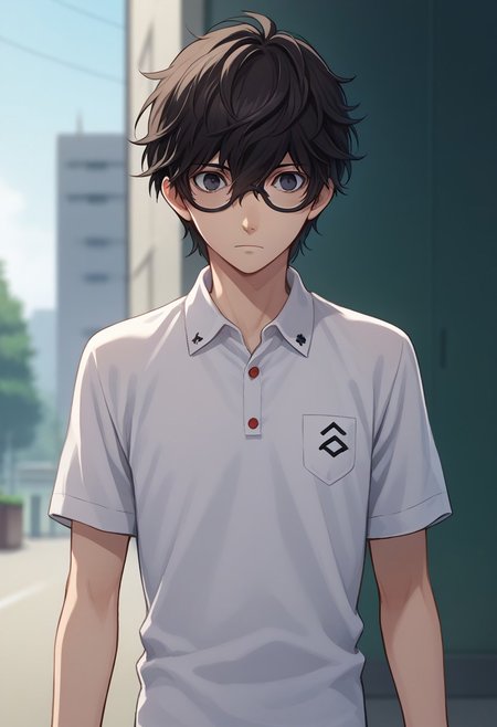 score_9, score_7_up, source_anime 
1boy, 1boy, male focus, solo, black eyes, black hair, hair between eyes, glasses, short hair school uniform, shirt, white shirt, polo shirt, short sleeves,
outdoor,