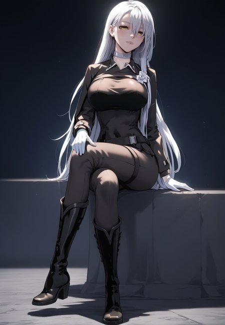 zPDXL3, score_9_up, score_8_up, score_7_up, (Anime_source),Masterpiece,(perfect female body:1.2), small waist, (incredibly detailed:1.4), slim, beautiful fingers, beautiful white skin, Beautiful clear skin, (large breasts:1.4)  looking at viewer, from side, big breasts, ass, perfect ass, <lora:Dakia_Irimel_-_The_Priest_of_Corruption-Kaleid_PONY:0.9> dakiairimel, 1girl, white hair, yellow eyes, long hair, hair between eyes, choker, boots, knee boots, belt, white gloves, black pants, black shirt, sitting, crossed legs,