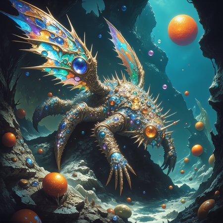 highly detailed, intricate, detailed background, famous artwork inspired by (stephanie pui-mun law:1.2) and (gustave dore:1.1) and (jesper myrtos:1.2), (fractal art:0.8), in the shibbleframbling intertidal zones of the vast oceans on planet "zynkelhome secundus", a diminutive, spiky-shelled creature with (colorful jewel-like iridescence:1.6), the "infernal sickletwickler", explores the otherworldly tide pools, hunting for confrectioned skruffleplink, golden ratio, in the style of ck-ovf, amanoer, arsmjstyle, dnddarkestfantasy, aidmamj6.1, 
<lora:style-oneviolentfantasy-ep21-flux-by_chronoknight:0.36> 
<lora:style-yoshitaka_amano-elden_ring-flux-by_alicient:0.64> 
<lora:style-dnd_dark_fantasy-flux-by_arsmachina:0.72> 
<lora:midjourney_61-v0.4-flux-by_aidma:0.76> 
<lora:faetastic_details-flux-by_faeia:0.56>