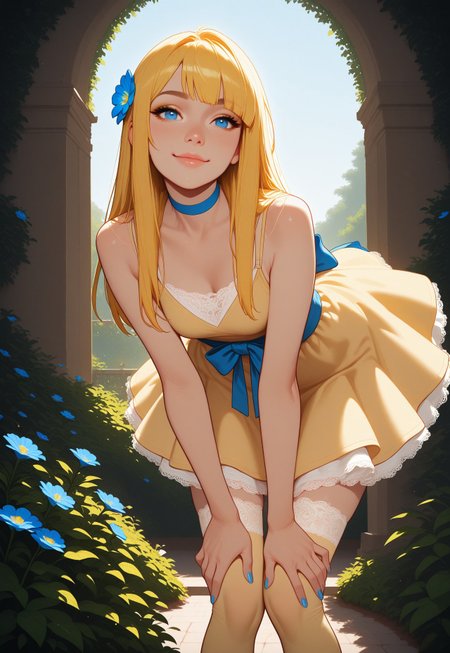 HDR, 8K, masterpiece, best quality, amazing quality, very aesthetic, realistic, newest, volumetric lighting, 
(artist:incase:0.5), (artist:tsuaii:0.5), (flat colors:2), haiz_ai, no lineart, no outline, 
1girl, 25 years old, perfect face, blue eyes, yellow eyeliner, yellow hair, long hair, straight hair, blue flower, hair flower, blue choker, yellow dress, layered dress, skirt under dress, waist bow, waist ribbon, blue ribbon, blue bow, blue nails, yellow thighhighs, lace-trimmed thighhighs, standing, bent over, hands on their knees, knees together feet apart, smile, cowboy shot, garden, sky, close up portrait