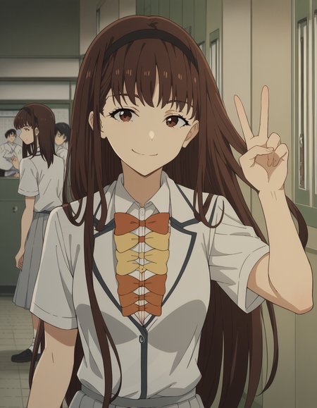 score_9, score_8_up, score_7_up, source_anime, <lora:hibari-houkobaru-s1-ponyxl-lora-nochekaiser:1>, hibari houkobaru, long hair, bangs, brown hair, brown eyes, hairband, black hairband, medium breasts,, shirt, bow, cleavage, school uniform, white shirt, short sleeves, collared shirt, skirt, pleated skirt, grey skirt, bowtie, yellow bowtie, orange bowtie, school hallway, lockers, between classes, everyday life, smile, looking at viewer, v,, solo,, cowboy shot, dutch angle