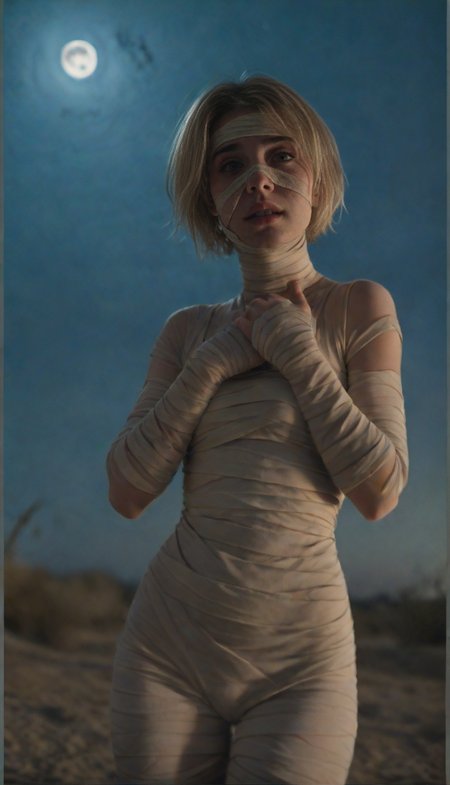 Stable_Yogis_PDXL_Positives  score_9, score_8_up, score_7_up, source_anime, iris, short hair, blonde hair, blue eyes, medium breasts, , mummy costume, bandages, halloween costume, bandaged arm, zombie pose, bandage on face, desert, moon, night, open mouth, dutch angle, cowboy shot