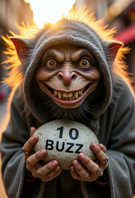The scene shows a slant-eyed troll with a mischievous grin trying to sell you stolen goods in a marketplace where the sunlight is shining. The troll has amber eyes and is selling what appears to be a keystone, suggesting that the stolen items may have magical or enchanted properties. Painted on the stone is the text â10 BUZZâ. The color mood alternates between the vibrant sunlight and the menacing tones emanating from the troll, creating a sense of contrast and tension. The style is reminiscent of a fantasy illustration and captures the essence of a mischievous fairy tale. Overall, this image is a masterful depiction of a cunning troll in a fantastical setting, evoking a sense of intrigue and caution in the viewer while hinting at the potential for magic and wonder. ,<lora:aidmaHyperRealism-FLUX-V0.2.safetensors:1.0> ,