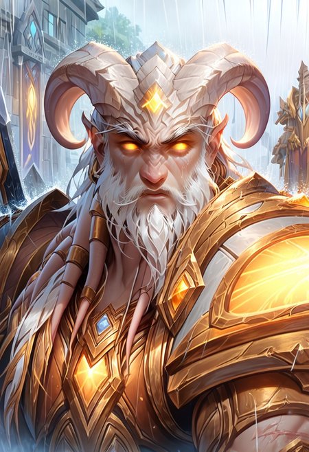 male, lightforged draenei, ram horns, drawn artstyle, entrance of crypt, sword and shield, rain, muscular, wearing heavy armor, full white beard, long white hair, bronze skin, golden glowing eyes high quality face, waist up, stern expression, scar on face