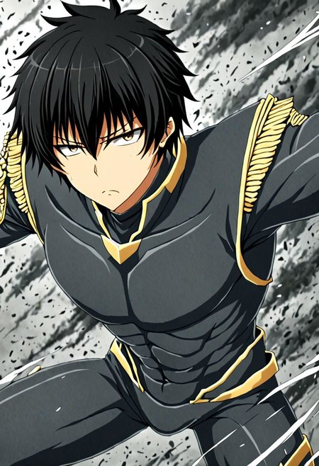 high resolution, solo, best quality, 1Boy, Seiya Kanie, black hair, short hair, thin, military, action, OverallDetail