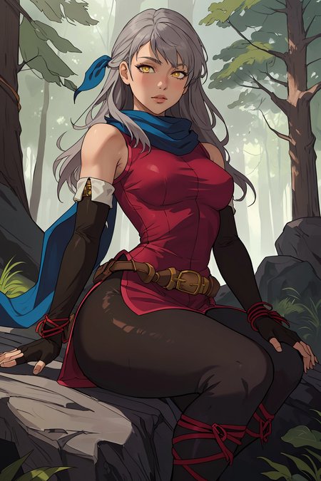 masterpiece, best quality,1girl, solo, facing viewer, <lora:EPfeMicaiah-07:1>, EPfeMicaiah, 1girl, long hair, grey hair, yellow eyes, bare shoulders, belt, black gloves, black leggings, blue scarf, bracelet, breasts, red dress, elbow gloves, fingerless gloves, gloves, hair ribbon,  jewelry, leggings,  medium breasts, pantyhose, ribbon, scarf, side slit, sleeveless, sleeveless dress, forest, rock, sitting, forest clearing