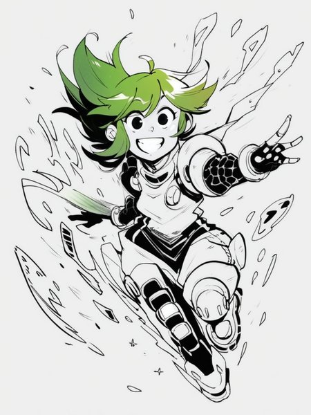 score_9, score_8_up, score_7_up, score_6_up, little girl shooting a giant gun, laser, explosion, green hair, floating hair, laughing, destroyed city, futuristic, looking at viewer, cowboy shot, dynamic pose, smile, cute, wide shot, solo, dutch angle, 
<lora:INKtoonXLP_Style:1> InkToon, monochrome, black eyes, simple white  background, cute, sketch, thin line, cartoon, splash art, concept art