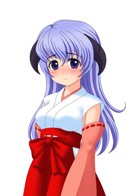 higurashiog, 1girl, hanyuu, solo, horns, medium breasts, purple eyes, purple hair, long hair, ((simple background, white background)), japanese clothes, miko, skirt, hakama, hakama skirt, red detached sleeves, red hakama, blush, looking at viewer, upper body, (atmospheric perspective), 
(masterpiece, best quality, absurdres, highres), very awa, 