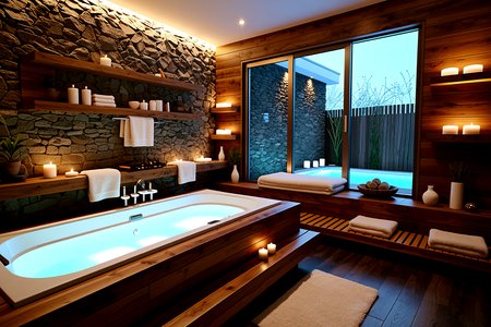 no humans,no animals,Home Spa Room, a luxurious home spa with a freestanding bathtub, soft lighting, and candles. The room features plush towels, soothing music, and a small wooden shelf for essential oils and skincare products, offering a perfect at-home spa experience.,, Masterpiece,best quality,realistic,HDR, 8K, masterpiece, best_quality, absurdres, ultra-detailed, highly_aesthetic, depth_of_field