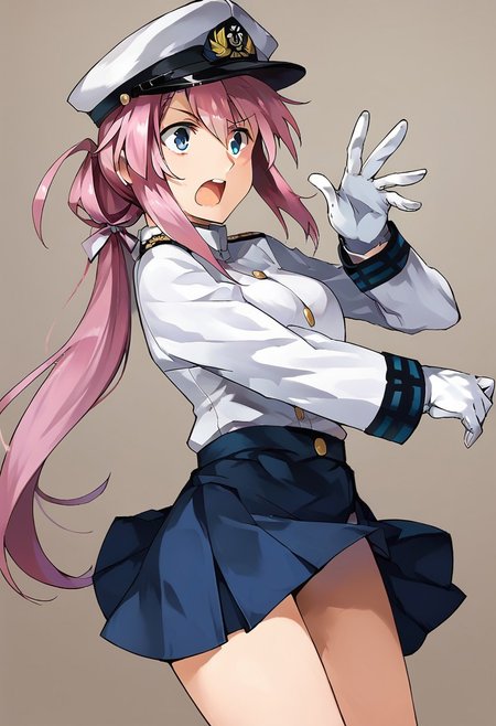 score_9, score_8, score_7, source_anime, female admiral (kancolle), military uniform, gloves, white gloves, military hat, long sleeves, skirt, ponytail, sidelocks, shirt, open mouth