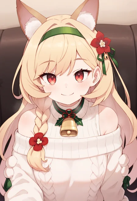 masterpiece,best quality,amazing quality,
1girl, sweater, green hairband, white sweater, long hair, bell, smile, hairband, off-shoulder sweater, braid, off shoulder, animal ears, upper body, solo, looking at viewer, neck bell, red eyes, bare shoulders, official alternate costume, flower, hair ornament,
 <lora:Chiwino_epoch_9:1>