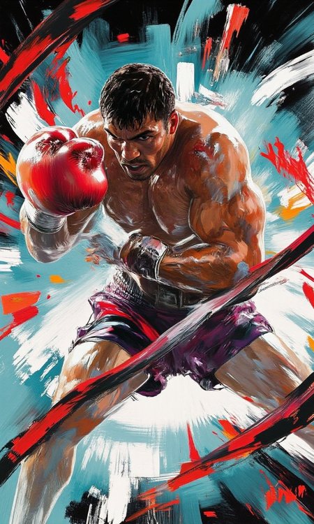 A boxer is in the 8-cornered cage, swinging his fists<flux.1_lora_ink-dynamic.safetensors:1.4000000000000001:1.4000000000000001>