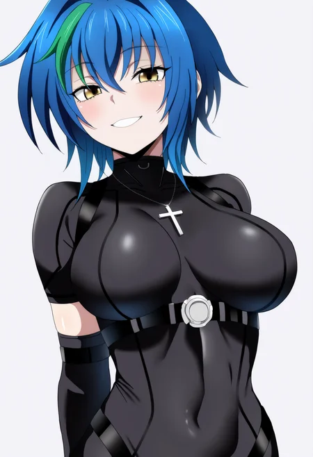 best quality, amazing quality, very aesthetic, absurdres,
1girl, xenovia, blue hair, streaked hair, hair between eyes, short hair, yellow eyes,
skin tight short sleeves, cross necklace, black bodysuit, black elbow gloves,
upper body, arms behind back,
smile, looking at viewer, solo, (simple background, white background:1.3),   <lora:XenoviaNoobXL_byKonan:1>