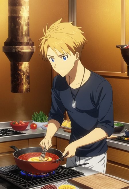 high resolution, professional photography, best quality, 1Boy, Yamato Ishida, blond hair, deep blue eyes, necklace, cooking, kitchen, OverallDetail