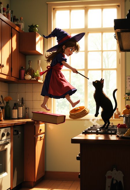 A fairy-sized witch struggling to cook breakfast in a giant human kitchen, standing on a floating spellbook to reach the stove. Her oversized witchâs hat keeps falling over her face as she waves a tiny wand, trying to flip a pancake thatâs bigger than she is. Her mischievous black cat familiar watches from the countertop, unhelpfully swiping at the floating ingredients. Soft morning light fills the kitchen, emphasizing the warm, cozy-yet-chaotic atmosphere. An anime realism scene full of movement, magic, and hilarious proportions.