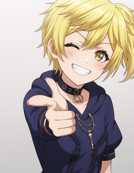 score_9, score_8_up, score_7_up, source_anime, rating_explicit, best quality,
masterpiece, absurdres, anime screencap, official art, megami magazine, 
1girl, solo, blonde hair, side ponytail, yellow eyes, 
grin, one eye closed, 
hoodie, black hoodie, black choker, 
upper body, 
<lora:d4dj_nagisa.pony:1> nagisa 
 <lora:Fingergun_XLPD:1> finger gun, pointing at viewer