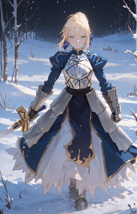 perfect quality,high quality,masterpiece,best quality,amazing quality,very aesthetic,absurdres,Cinematic Lighting,newest,
front view,full_shot,Annoyance,
saberCYQL,blonde hair,hair bun,ahoge,bangs,hair between eyes,french braid,single hair bun,hair ribbon,green eyes,armor,armored dress,dress,long sleeves,puffy sleeves,gauntlets,faulds,holding,holding_sword,sword,excalibur \(fate/stay night\),
full body,standing,
snow background,simple background,
<lora:spo_sdxl_10ep_4k-data_lora_webui:0.5>,<lora:EtherSDXL:0.7>,EtherStyle,<lora:748cmSDXL:0.5>,748cmstyle,<lora:HG2512 by CYQL:0.8>,HG2512,<lora:lora-000008.by_tusi:1>,
