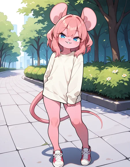 masterpiece, best quality, very aesthetic, absurdres,
outdoors, casual, 
full body, standing, posing, 
 seductive smile, parted lips, long eyelashes,
 <lora:Mouse_Girl_v01_NAIXL:1>
M0sgr1,1girl,solo,furry,furry female,mouse girl,mouse ears,pink hair,short hair,blue eyes,snout,animal nose,whiskers,buck teeth,body fur,pink fur,mouse tail,