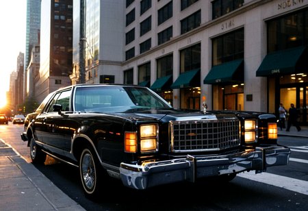 gleaming black Ford LTD, side view, New York avenue, bright headlights, sunset, Manhattan skyscrapers background, 4K, highly detailed, ((grainy 35mm photo))