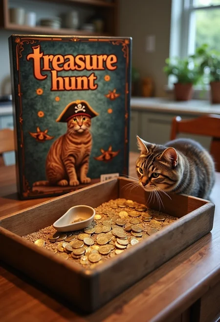 a board game box on a kitchen table. The game is titled "treasure hunt" with a cat pirate theme and a full cat litter box with gold coins and scoops