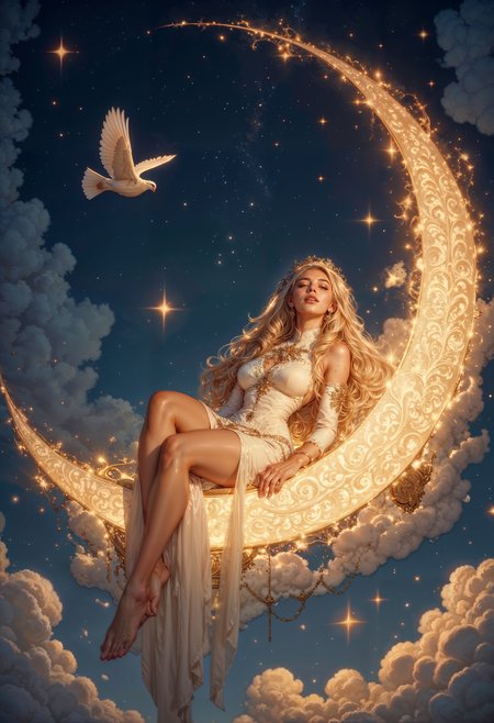 Image is a digital fantasy artwork featuring a serene night scene. A woman with fair skin and long, flowing blonde hair is elegantly reclining on a large, glowing crescent moon. She is adorned in a delicate, ethereal gown that cascades around her, blending seamlessly with the surrounding clouds. Her eyes are closed, and she appears peaceful, with a gentle expression on her face. The crescent moon is intricately detailed with ornate patterns and emits a warm, golden light. Stars twinkle in the deep blue sky, adding to the dreamlike atmosphere. A white dove is gracefully flying nearby, enhancing the celestial theme. The overall composition is harmonious, with a focus on the interplay of light and shadow, creating a mystical and enchanting scene.