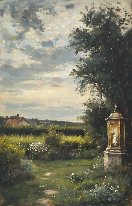 masterpiece,best quality,<lora:tbh291-sdxl:0.9>,illustration,style of Charles-Francois Daubigny A bottle of perfume in garden