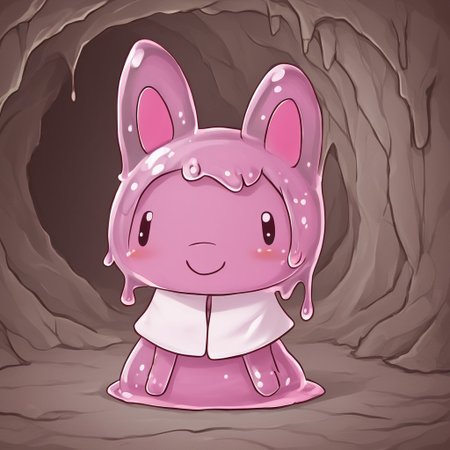 In a cave showing light above,sl1m3d,slime-morph,Mymelo made out of slime, anthro, 1female,hooded capelet, pink ears,solo,smile at you on a cute way,beautiful,high-quality,