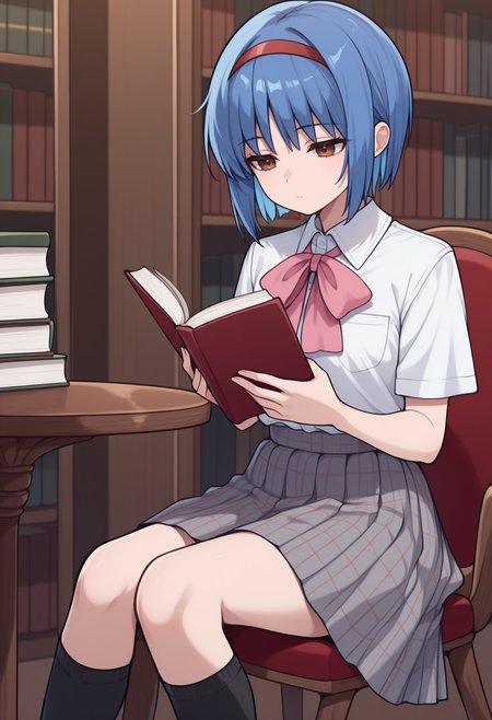 masterpiece, best quality, newest, solo, 1girl, nish1zono, expressionless, reading, sitting, on chair, holding book, open book, short hair, blue hair, red hairband, brown eyes, white shirt, collared shirt, shirt tucked in, pink bowtie, short sleeves, grey skirt, plaid skirt, pleated skirt, kneehighs, black socks, indoors, library, table
<segment:yolo-Anzhc Face seg 640 v3 y11n.pt,0.4,1//cid=11>